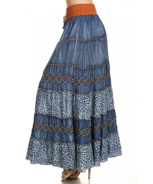 Embroidered Tiered Flare A Line Smocked Waist Long Maxi Denim Skirt 901 Medium C012ns5eyjq 1158